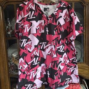 MTV‎ Women's Scrub Top Nurse Scrubs  Size Large, Pockets, Pink Black